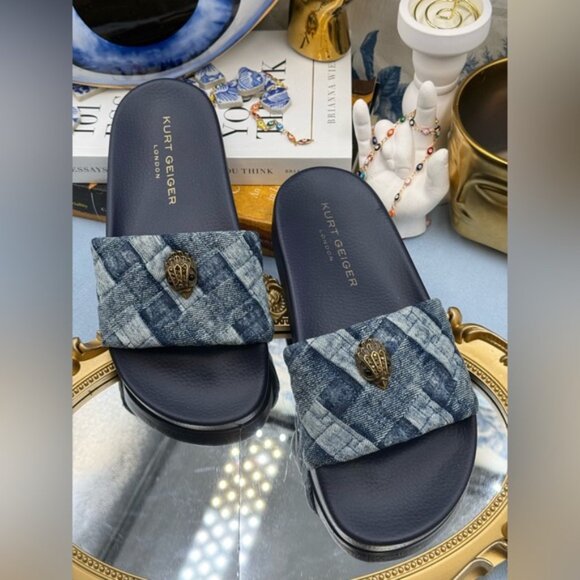 🆕 KURT GEIGER LONDON 🧿 NWOT Blue Denim Meena Eagle Slides, Sz EU 36.5 US 6.5 - Picture 5 of 14